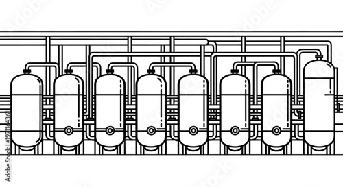 Industrial filtration system technical illustration with cylindrical tanks and pipes