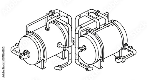 Industrial cylindrical tanks with pipes and valves technical drawing