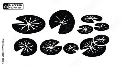 Set of 9 Black Water Lily Pads Vector Icons