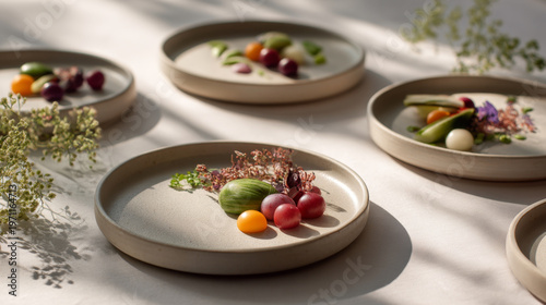 Gourmet Appetizers with Microgreens on Ceramic Plates