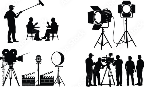 Professional film production silhouette set featuring camera crew, movie directors, lighting equipment, boom operators, and clapperboards isolated on white background for cinema industry designs.