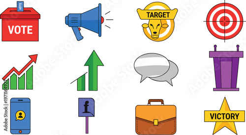 Election and Victory Icons Set with Vote, Target, Bullseye, Social Media, and Victory Symbols