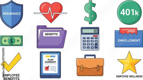 Employee Benefits and Insurance Icons Set with Health, Money, 401k, Plan Summary, and Enrollment Symbols