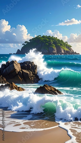 A serene seascape with waves crashing on rocky shores