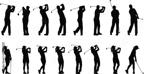 Diverse set of black golf silhouettes featuring professional male and female players in various swing motions and active athletic poses isolated on white background.