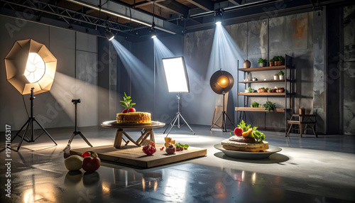 Professional food photography setup with cakes, produce, and studio lighting