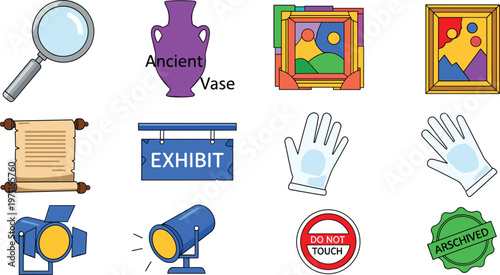 Museum and Exhibition Icons Set with Magnifying Glass, Vase, Frame, Exhibit Sign, Gloves, Spotlight, and Artwork Symbols