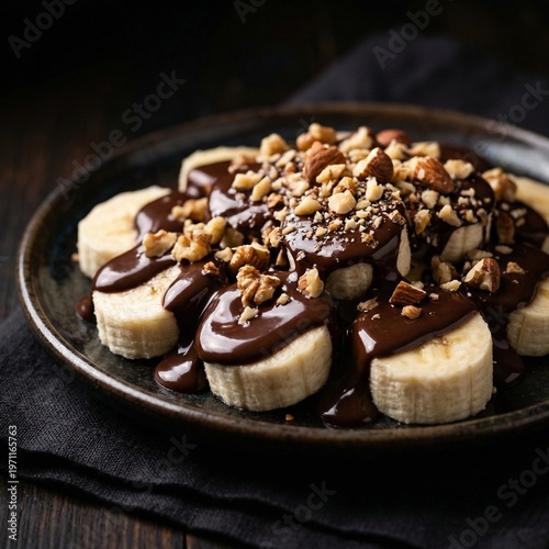 Banana Slices with Melted Chocolate Drizzle and Crushed Nuts Premium Dessert Close Up Dark Moody Food Photography