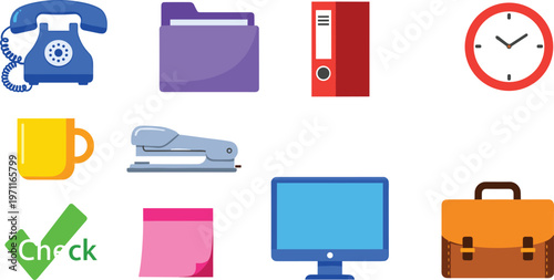 Office and Stationery Icons Set with Telephone, Folder, File Cabinet, Clock, Cup, Stapler, Computer, and Briefcase Symbols