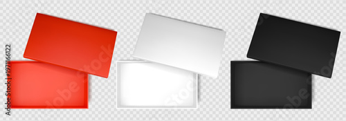 Black and white open gift box top view mockup. 3d rectangle shape empty package for Valentine or Birthday chocolate. Realistic carton product container with lid for makeup reveal eps design set