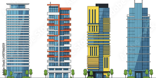 Modern skyscraper buildings set with urban city architecture, contemporary high rise office towers vector illustration collection