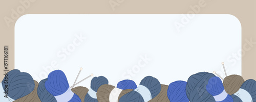 Beige horizontal knitting banner template with blue and brown yarn balls border and blank copy space.