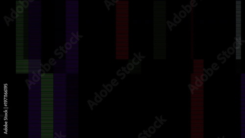 Abstract dark digital glitch overlay texture with vertical colorful pixelated blocks on a black background.