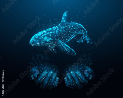 Killer whale. Wireframe glowing low poly Orca whale. Design on dark blue background. Abstract futuristic vector illustration.