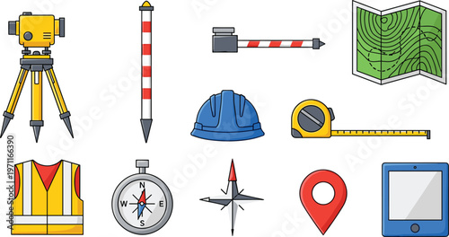 Surveying and Construction Icons Set with Surveying Equipment, Helmet, Compass, Map, and Location Symbols