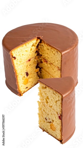 A round, tall cake coated with smooth chocolate. A slice has been removed, displaying the interior with fruit