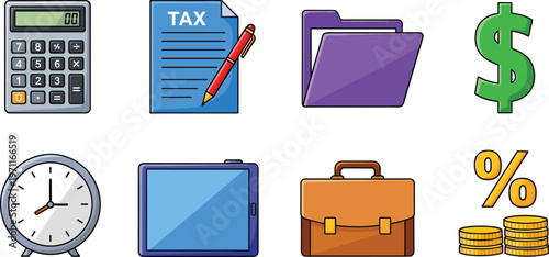 Tax and Finance Icons Set with Calculator, Tax Form, Folders, Dollar, Briefcase, and Coins Symbols