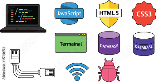 Web Development and Programming Icons Set with JavaScript, HTML5, CSS3, Database, Terminal, and Bug Symbols