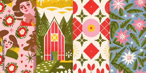 Quirky illustrated patterns featuring portraits florals and geometric shapes