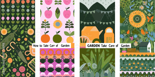 Colorful illustrated garden bookmarks with fruits flowers and gardening tools