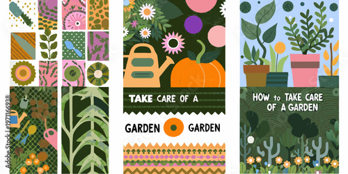 Colorful floral and garden themed banners with gardening tools and text