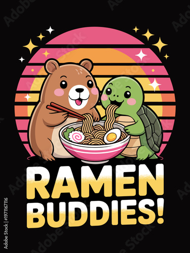 A hamster and turtle share a bowl of ramen . The text 'Ramen Buddies!' is in bold yellow letters.