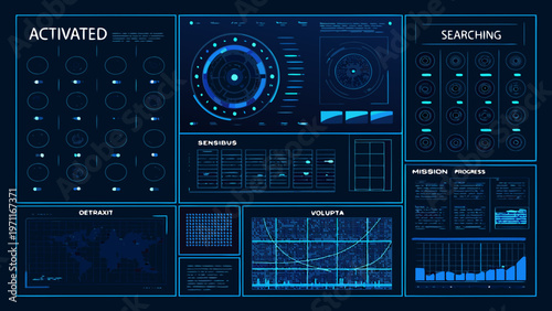 Futuristic interface displays with glowing blue data visualization elements