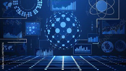 Futuristic digital network with data visualizations and a glowing sphere