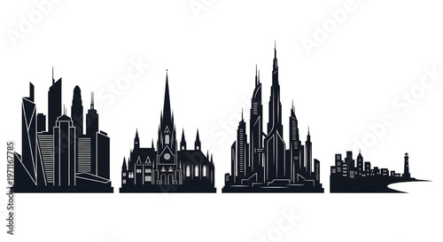 A black silhouette of various city skylines against a white background