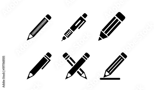 Pencil Icon Set – Black and White Writing Tool Vector Collection