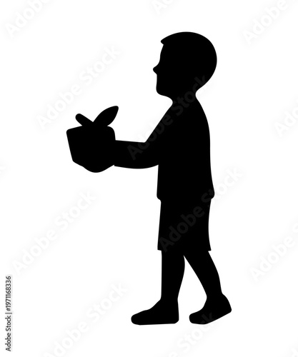 Boy child silhouette giving a gift box present