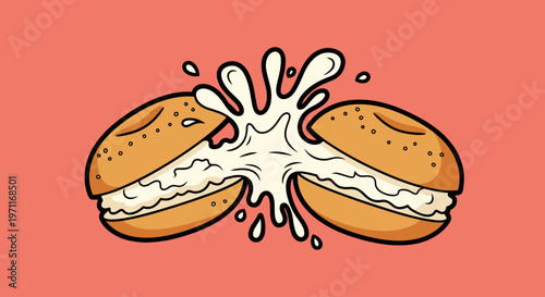 A cartoon-style illustration of two burgers with melting cheese on a salmon-colored background, conveying a sense of savory delight and mouth-watering