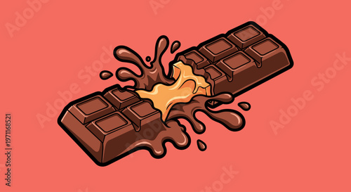 A colorful cartoon illustration of a chocolate bar with gooey caramel filling.
