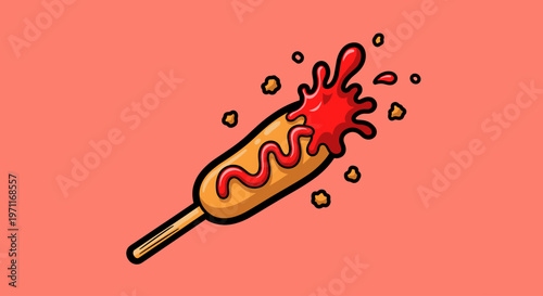 A playful cartoon illustration of a corn dog with ketchup splatter, evoking a fun and casual dining experience.