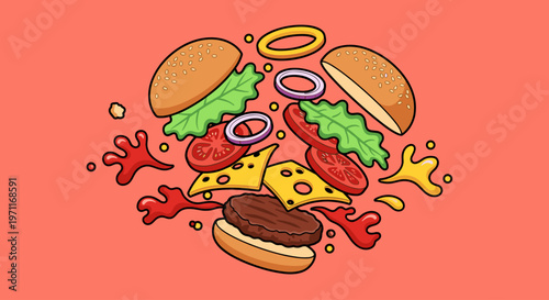 A playful, cartoon-style illustration of hamburger ingredients floating in mid-air, conveying a sense of excitement and abundance, perfect for marketi
