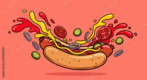 A playful illustration of a hot dog with condiments and toppings flying around it, conveying a sense of fun and abundance.