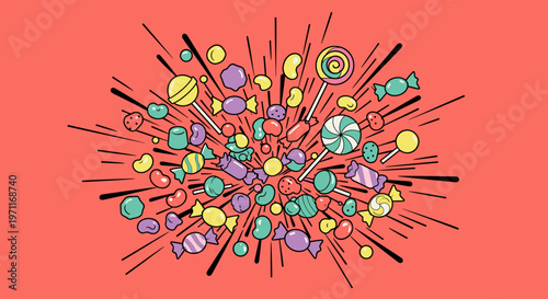 Vibrant illustration of assorted candies exploding in a dynamic composition, conveying energy and playfulness.
