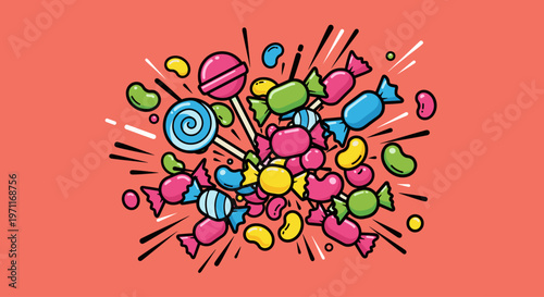 A vibrant and playful illustration of a candy explosion, perfect for adding a touch of fun and whimsy to marketing materials or social media posts.