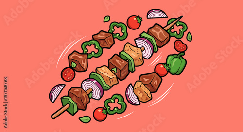 A vibrant and playful illustration of skewers with meat and vegetables on a pink background, evoking a sense of fun and casual dining.