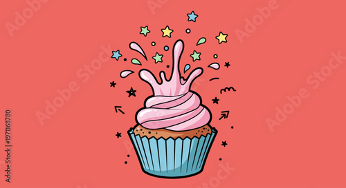 A whimsical illustration of a cupcake with pink frosting, surrounded by stars on a coral background.