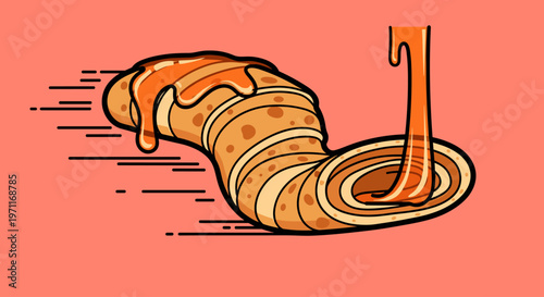 A vibrant illustration of a croissant with caramel sauce being poured on top, evoking a sense of warmth and indulgence.