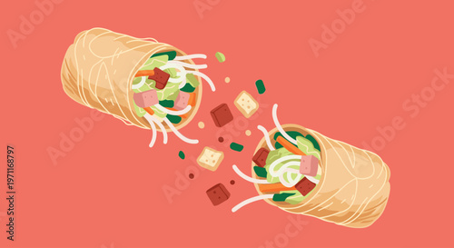 An illustration of a burrito bursting open, revealing its savory contents on a vibrant background, evoking a sense of freshness and flavor.