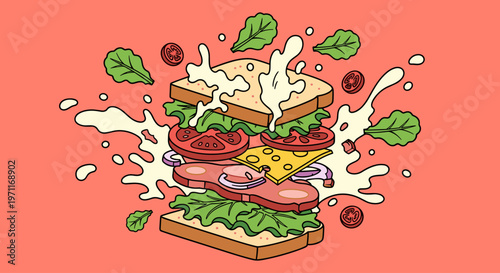 A playful illustration of a sandwich disassembling with cheese melting and ingredients flying through the air on a solid salmon background.