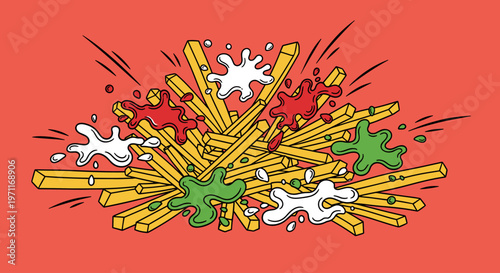 A playful illustration of french fries exploding with ketchup, mustard, and mayonnaise splatters on a red background, conveying a fun and appetizing m