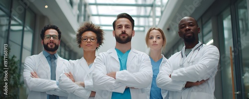 Diverse medical team standing confidently in hospital corridor, healthcare teamwork concept