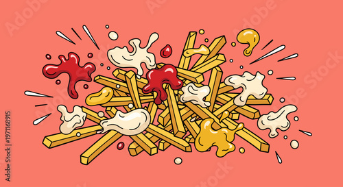 A playful illustration of a pile of fries with various sauces splashing around, perfect for a fun and casual food advertisement or social media post.
