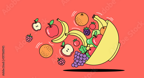 A playful illustration of fruit spilling out of a banana peel on a vibrant background, conveying a sense of abundance and health.