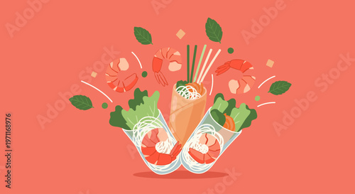 A vibrant illustration of spring rolls with shrimp, lettuce, and vegetables, evoking a sense of freshness and healthy eating.