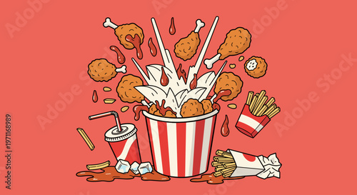 A playful illustration of a bucket of fried chicken, fries, and soda exploding in a messy, appetizing scene.