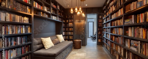 Modern library with floor-to-ceiling bookshelves and a cozy reading nook